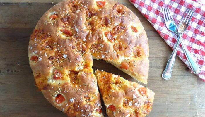 Monterey Pepper Jack Spelt Focaccia Bread (with Tomatoes and Rosemary)