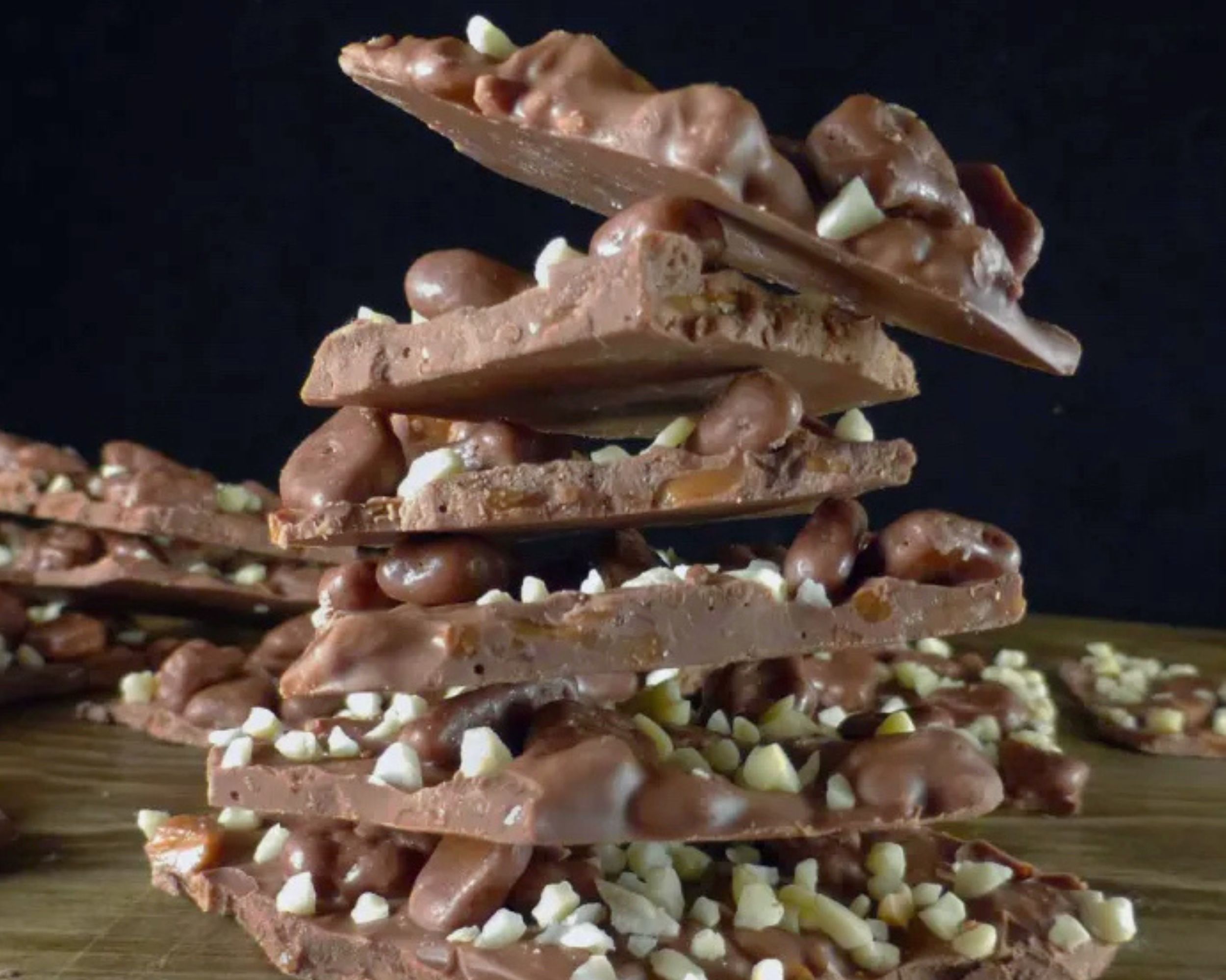 shards of chocolate bark candy stacked up on top of each other