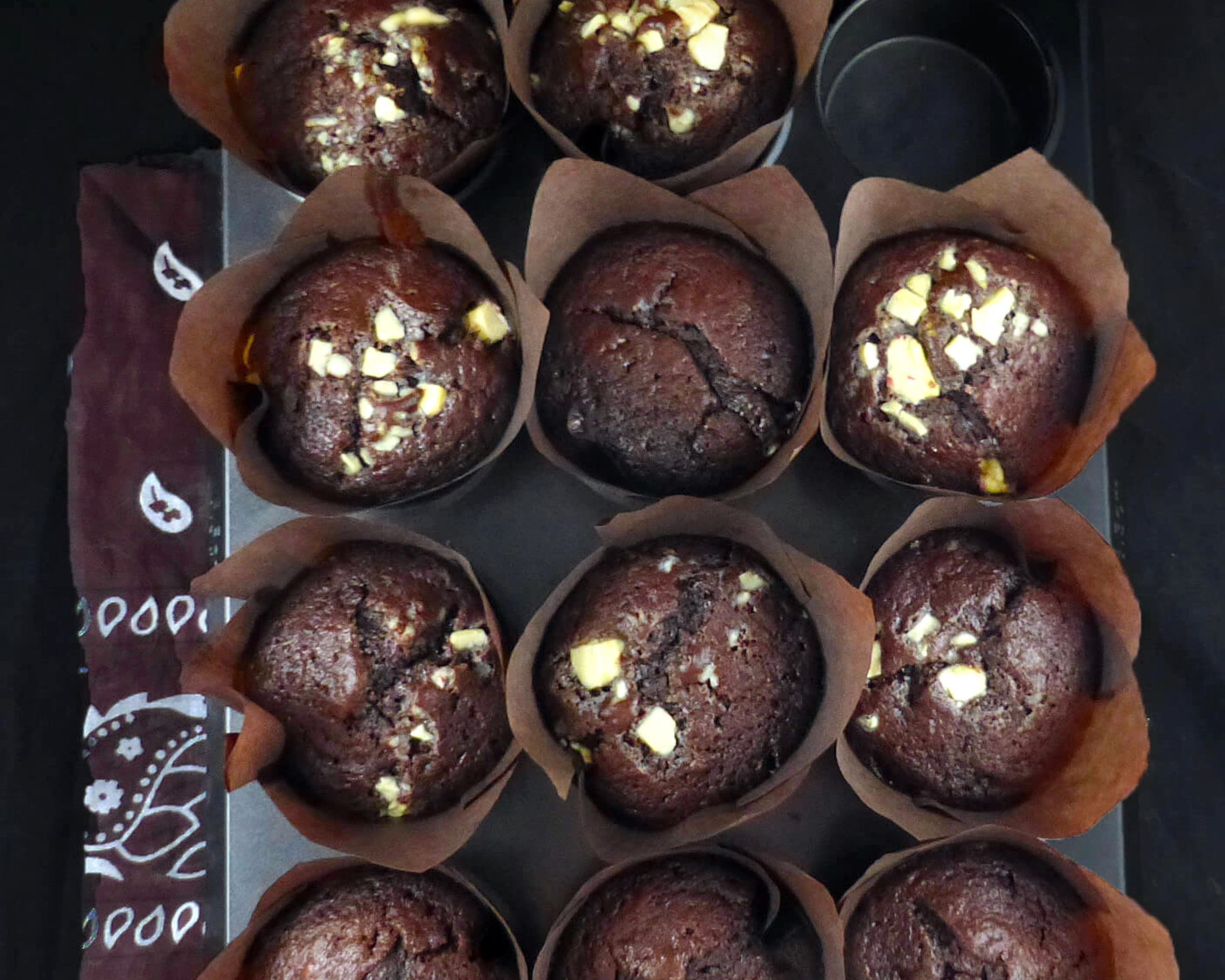 overhead shot of chocolate muffins on a brown cloth