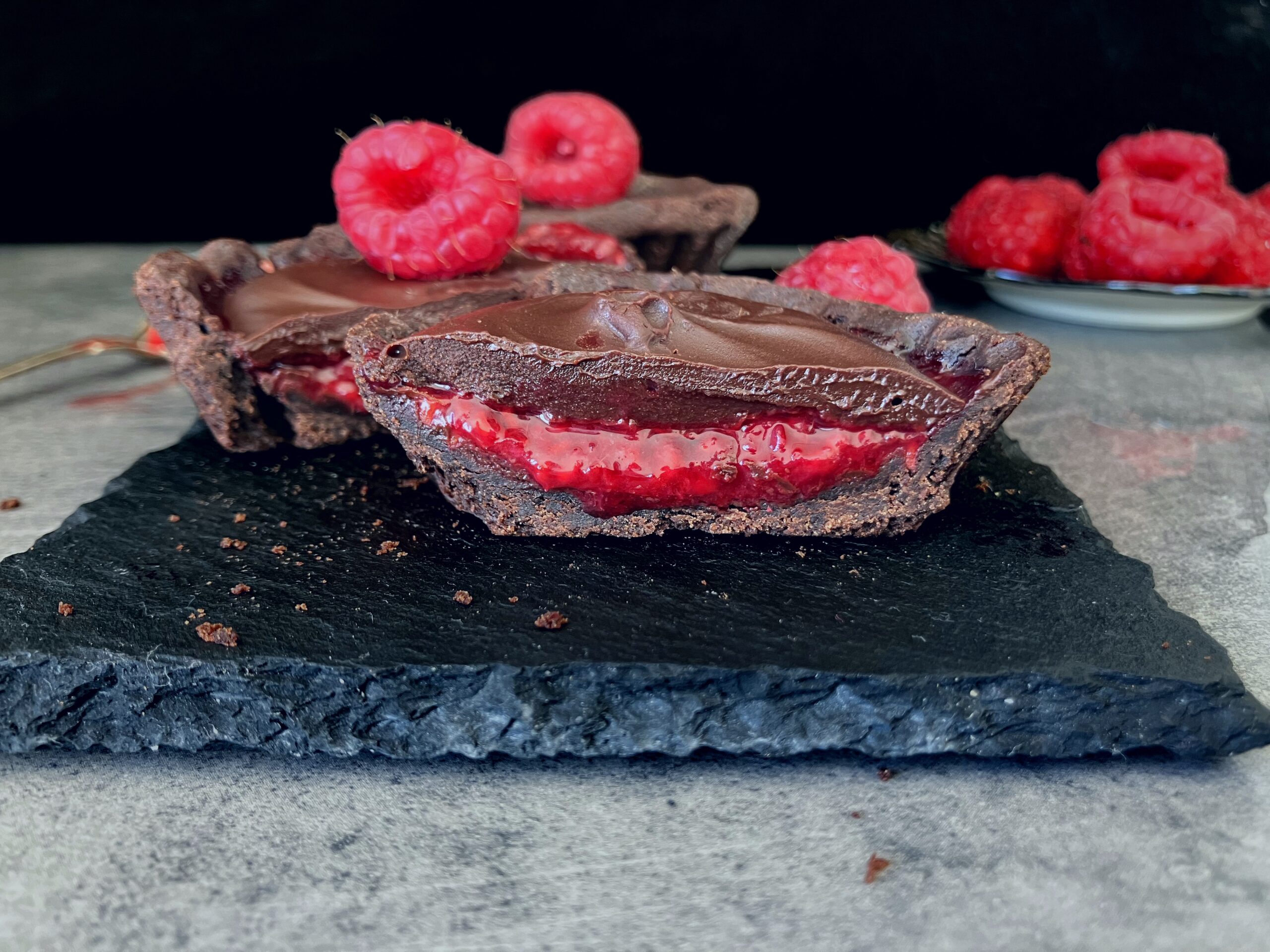 picture of a chocolate tartlet with a raspberry on top