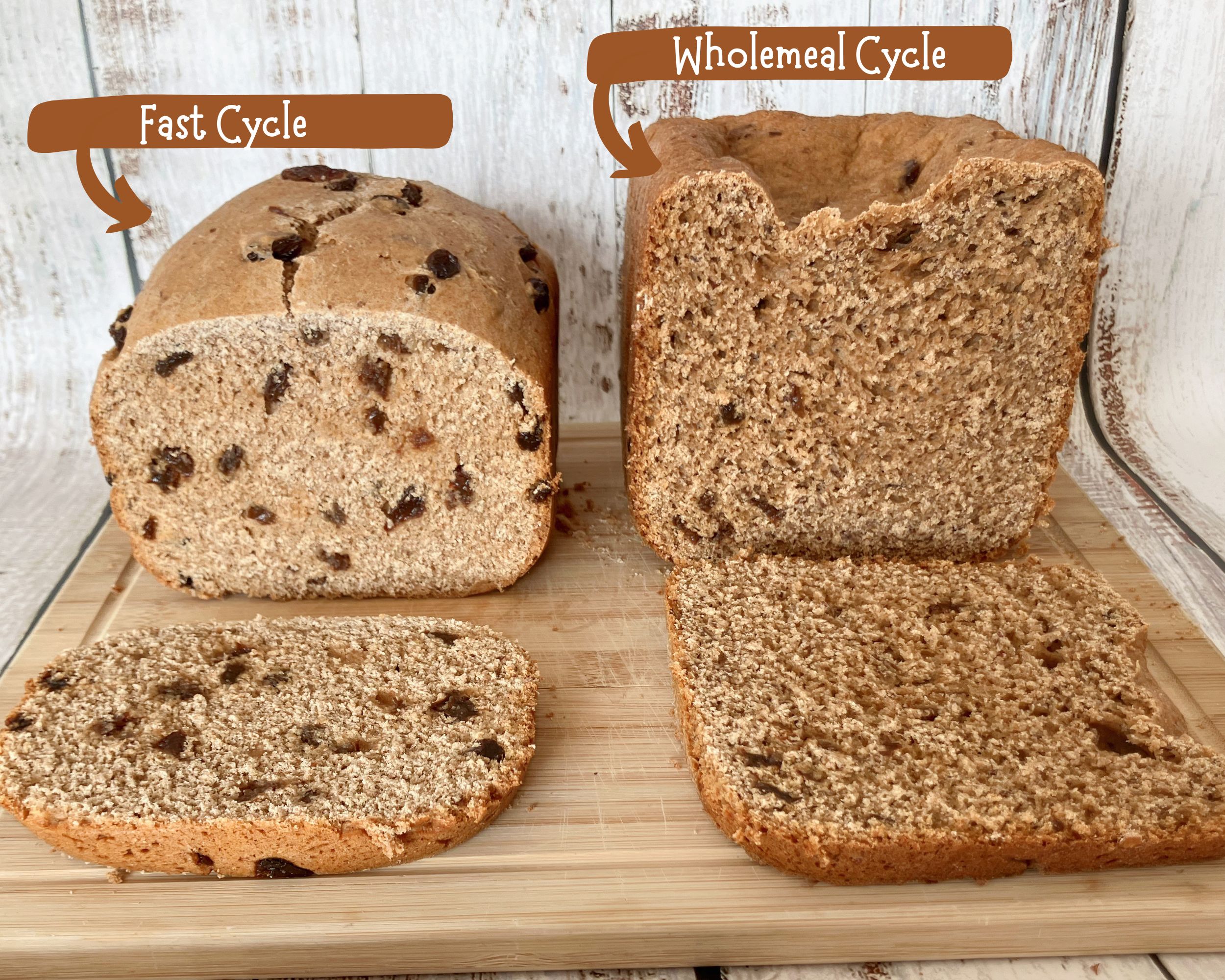 side by side picture of two loaves of wholemeal bread