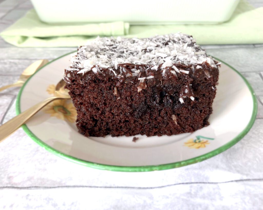 chocolate cake square topped with coconut on a small white plate