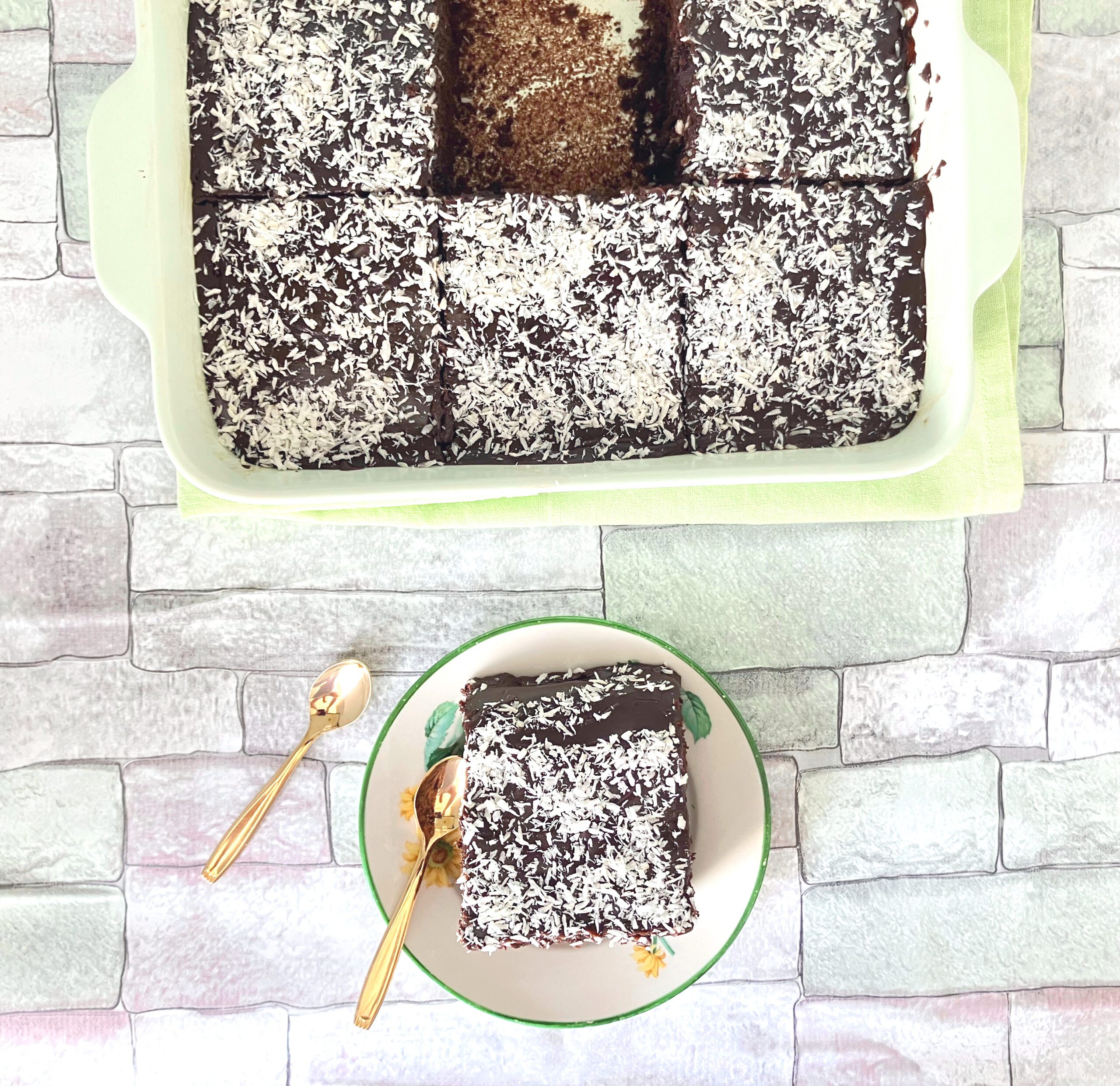 overhead view of Swedish chocolate cake cut into squares